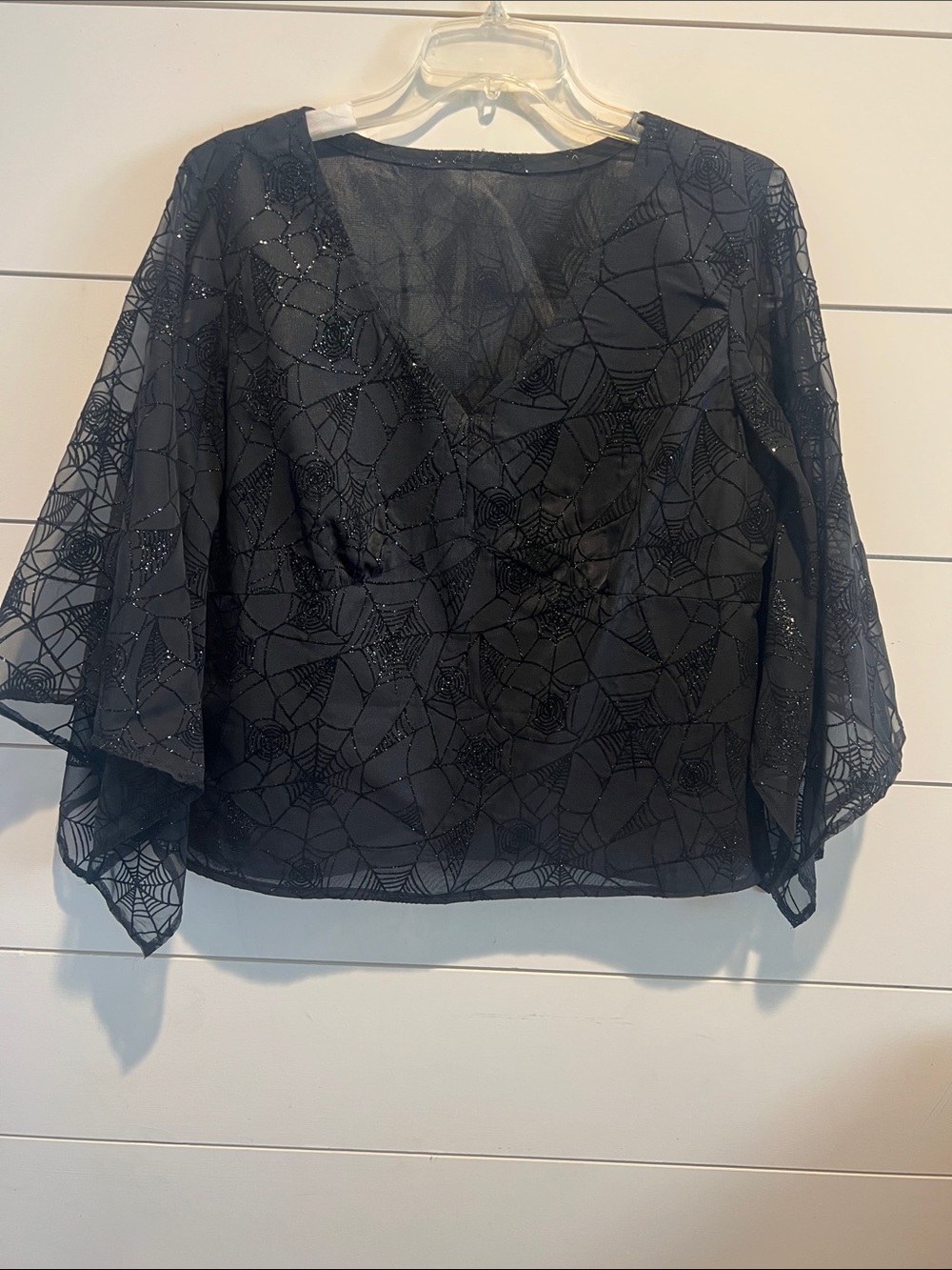 Halloween Magic  Black Sparkle spiderweb Overlay V-Neck Women's Top